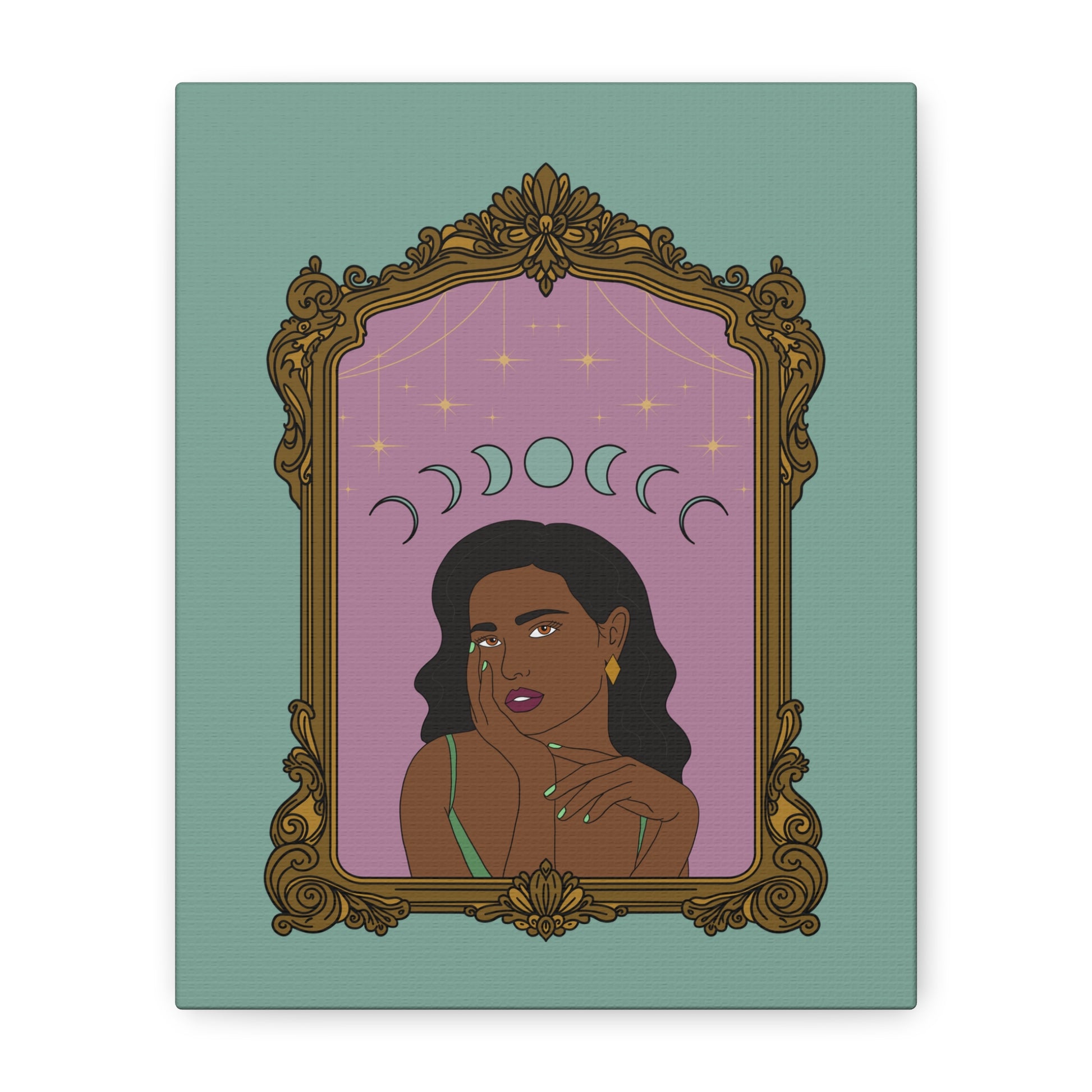Front view of matte green canvas wall art with design of a dark skinned woman with black hair wearing green on a pink background with moon phases above surrounded by ornate gold frame