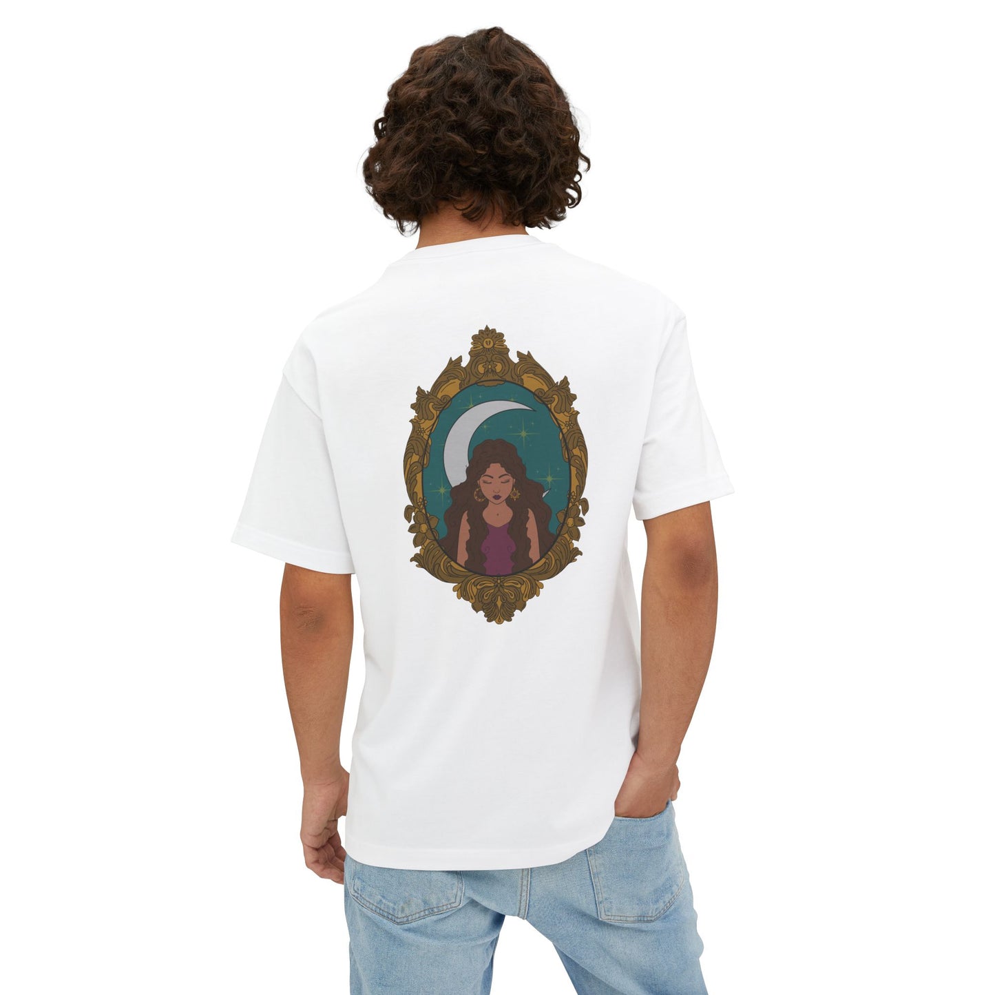 Man wearing an oversized short sleeve white t-shirt with a design of a tan skinned woman with brown wavy hair wearing purple in front of large crescent moon on a teal background surrounded by ornate gold frame on the back