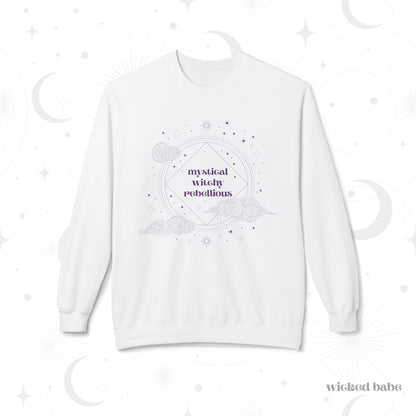 White long sleeve crewneck sweatshirt with mystical witchy rebellious text in purple surrounded by clouds and stars