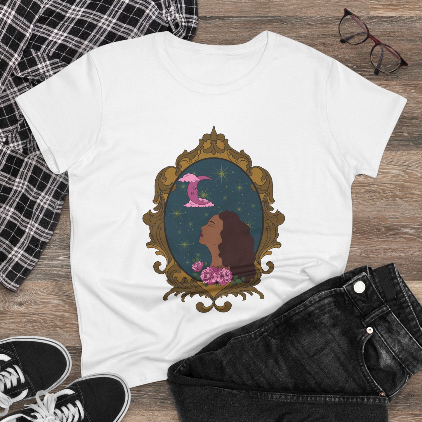 Moonlit Muse T-Shirt - Womens Celestial Graphic Tee, Semi-Fitted Cotton Shirt
