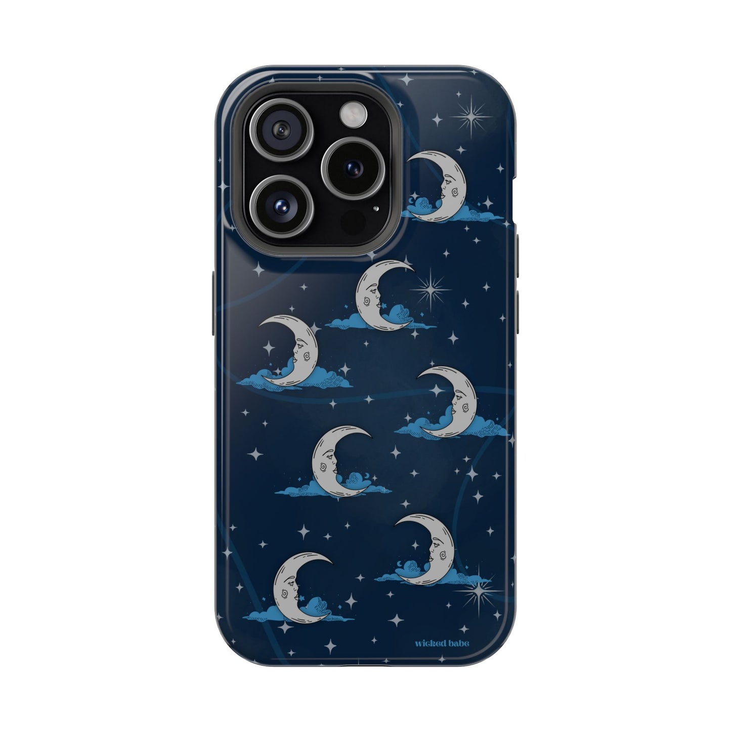 Whimsical Moonlit Sky Blue & Silver Phone Case - Celestial Moon and Stars iPhone Samsung