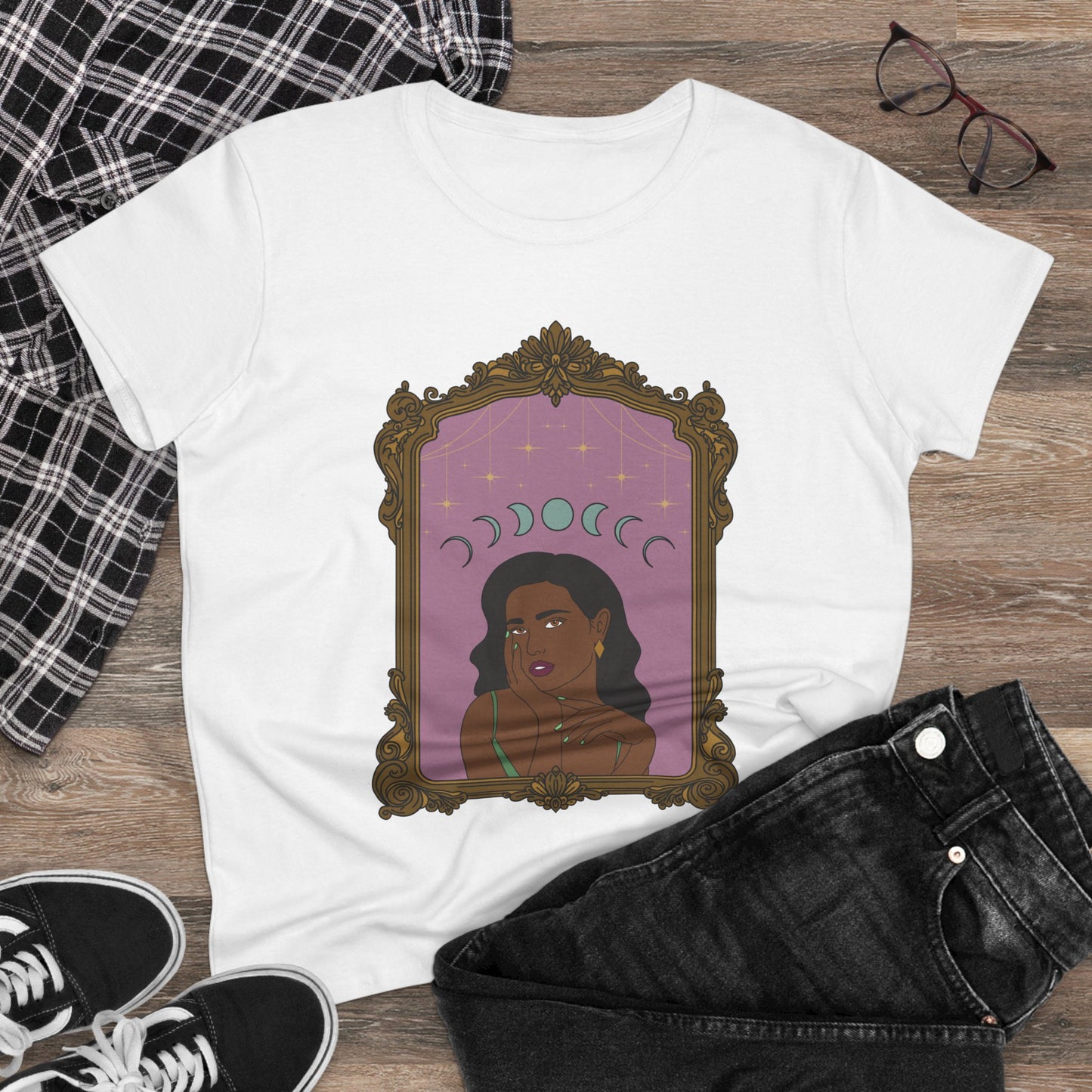 Divine In All Her Phases T-Shirt - Womens Celestial Graphic Tee, Semi-Fitted Cotton Shirt