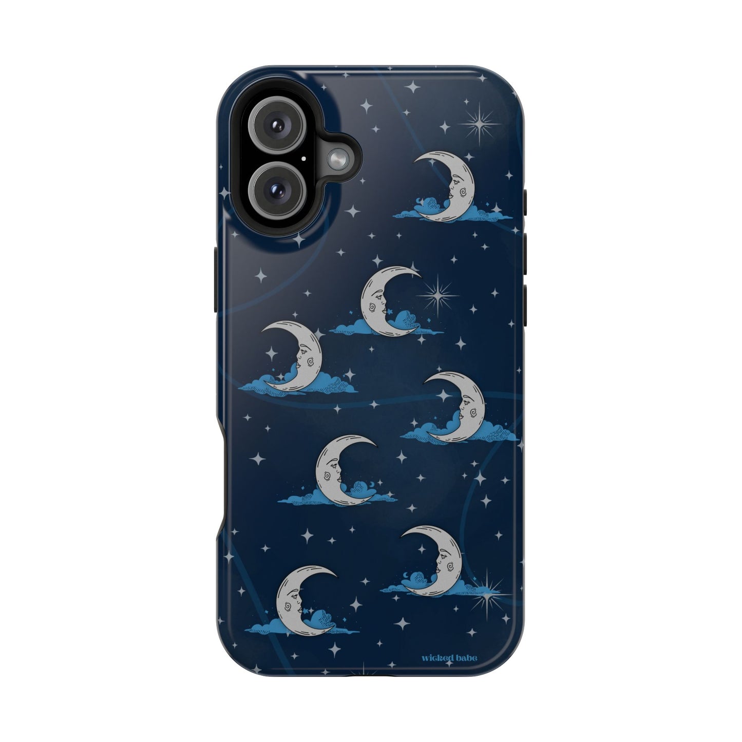 Whimsical Moonlit Sky Blue & Silver Phone Case - Celestial Moon and Stars iPhone Samsung