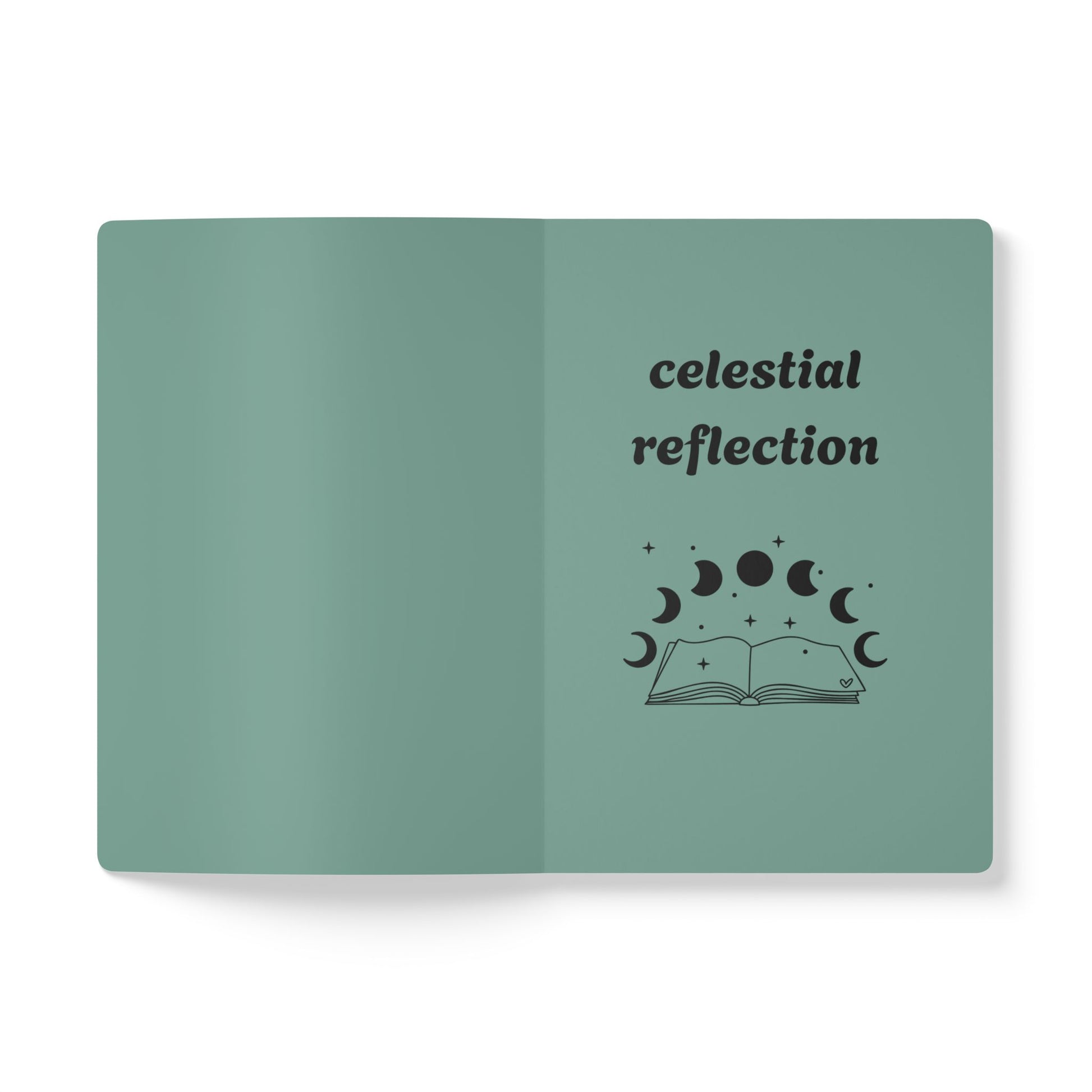 Inside first page of green journal notebook with celestial reflection text in black and a book with moon phases graphic