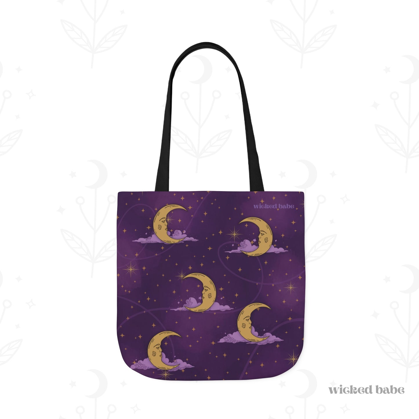 The back of a 18x18 inch tote bag with purple celestial sky with gold crescent moon and stars