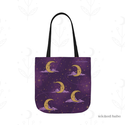 The back of a 18x18 inch tote bag with purple celestial sky with gold crescent moon and stars