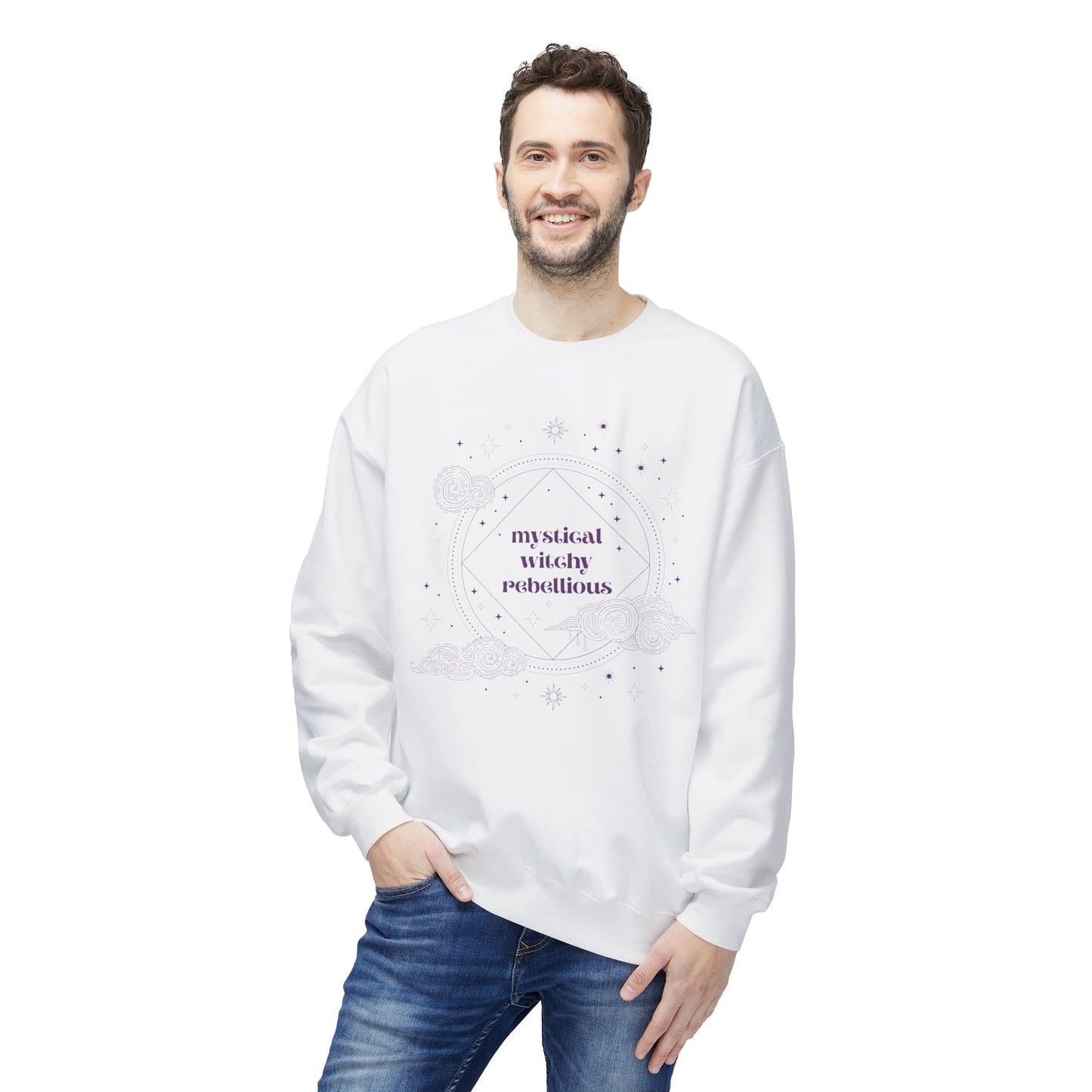 Man wearing a white long sleeve crewneck sweatshirt with mystical witchy rebellious text in purple surrounded by clouds and stars