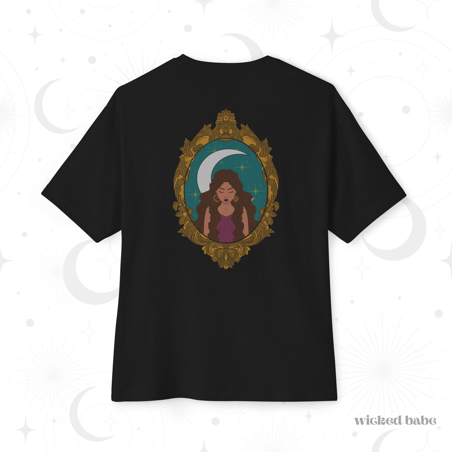 Oversized short sleeve black t-shirt with a design of a tan skinned woman with brown wavy hair wearing purple in front of large crescent moon on a teal background surrounded by ornate gold frame on the back