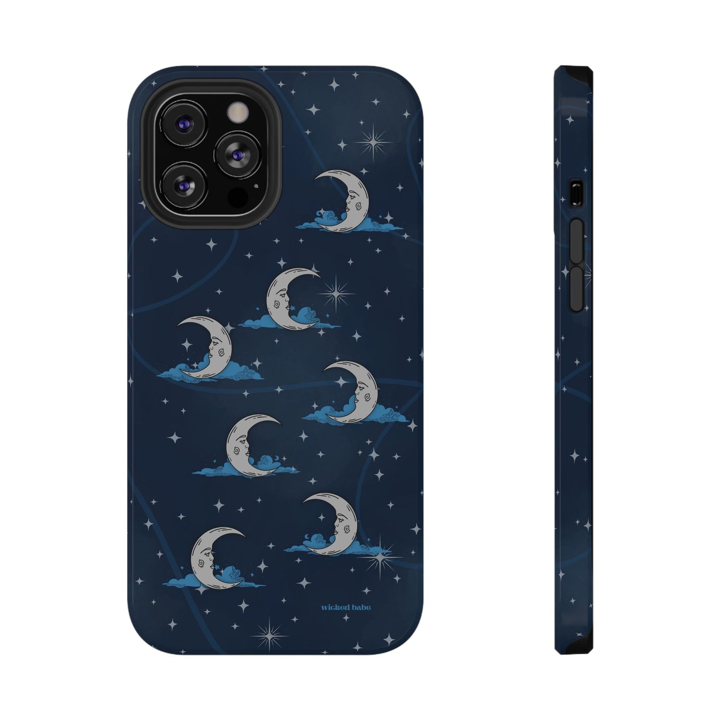 Whimsical Moonlit Sky Blue & Silver Phone Case - Celestial Moon and Stars iPhone Samsung