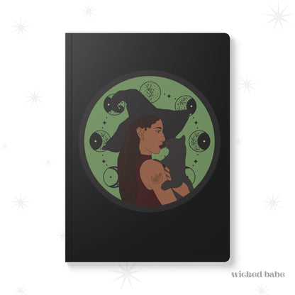 Witchy Woman Journal in Black - Celestial Witch and Black Cat Notebook