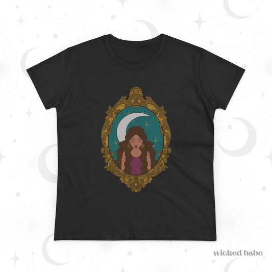 Mystical Moon Goddess T-Shirt - Womens Celestial Graphic Tee, Semi-Fitted Cotton Shirt